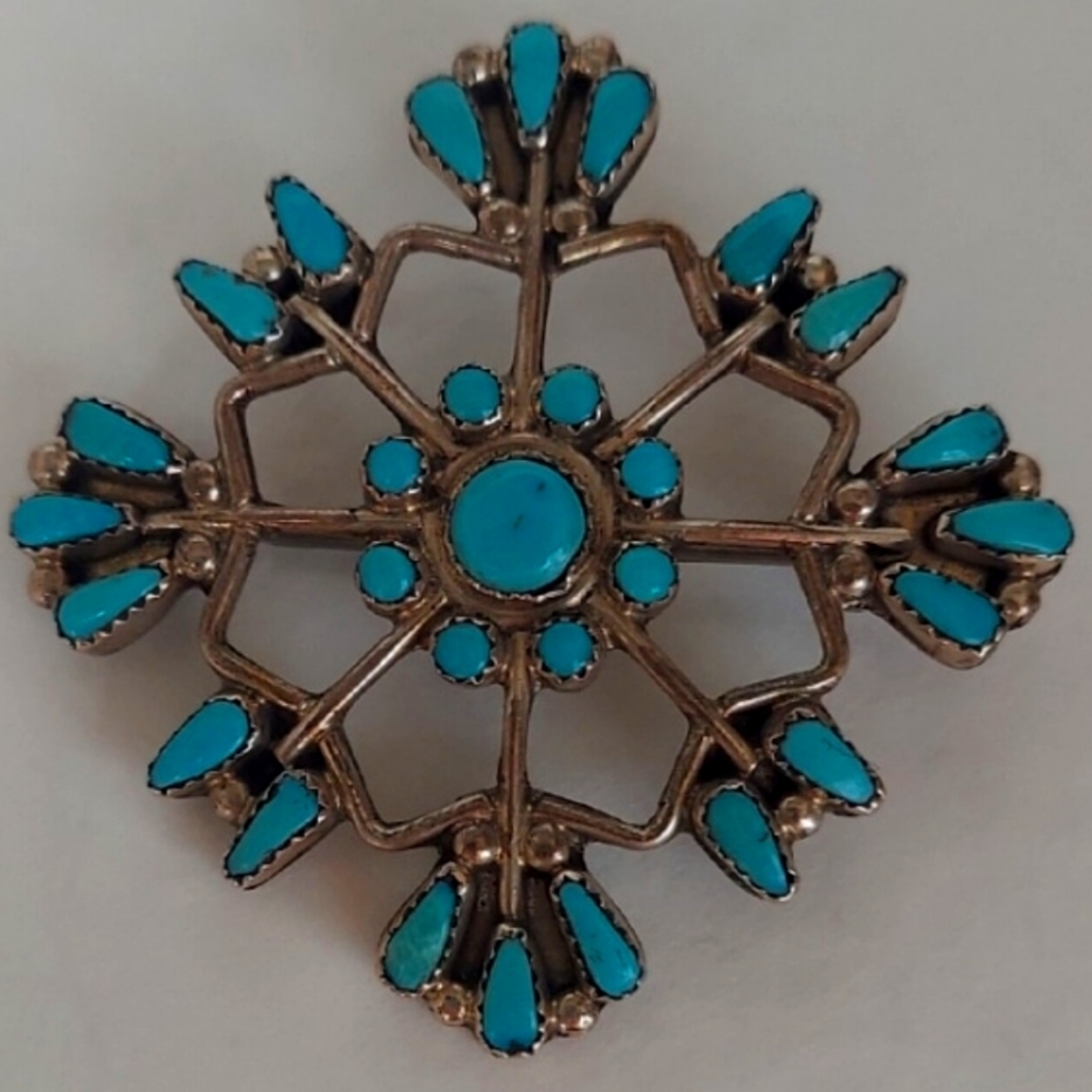 Vintage Southwestern Silver Needlepoint Turquoise Snowflake Pendant & Brooch